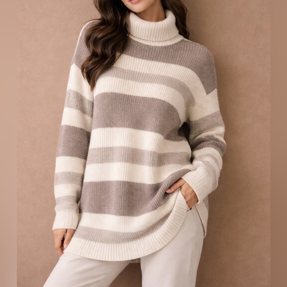 De Rotchild Vintage Angora Silk Blend Long Sweater/Sweater dress Cream Stripe M - Picture 2 of 8